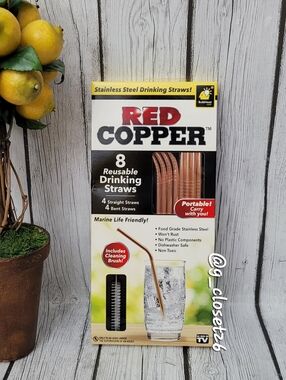 Red Copper Reusable Stainless Steel Drinking Straws - 8 Pack